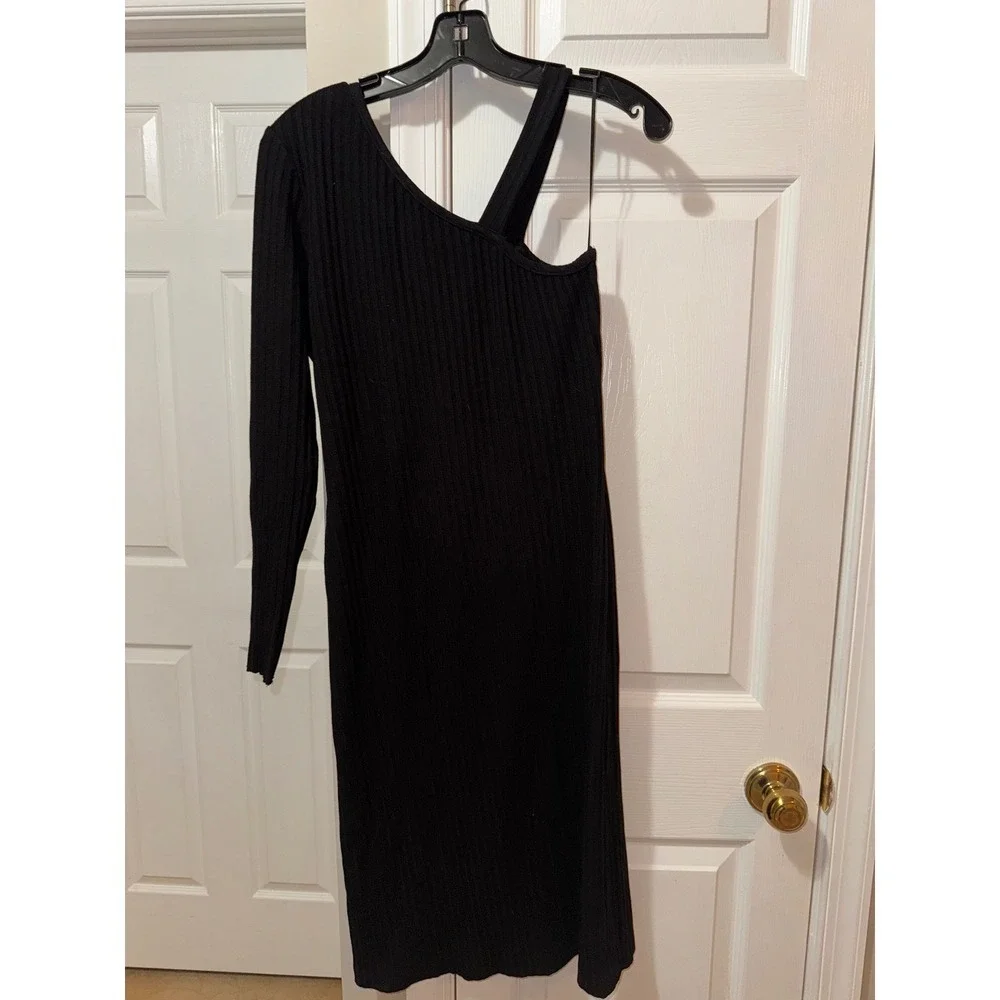 One Shoulder Dress Long Sleeve Ribbed Knit Bodycon‎ Midi Dress - Picture 5 of 9